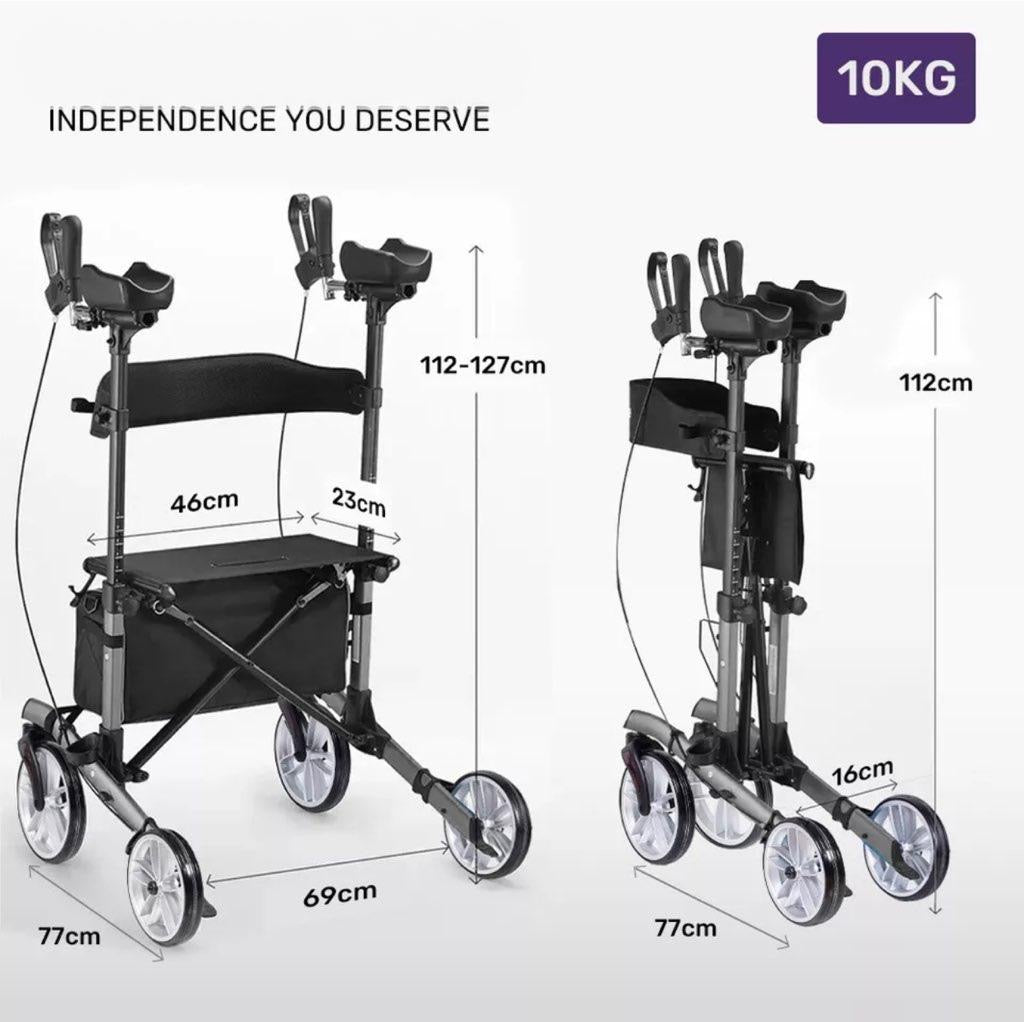 StrideAssist Upright Rollator - Folding Adjustable Walking Frame With Carry Bag And Standing Armrest