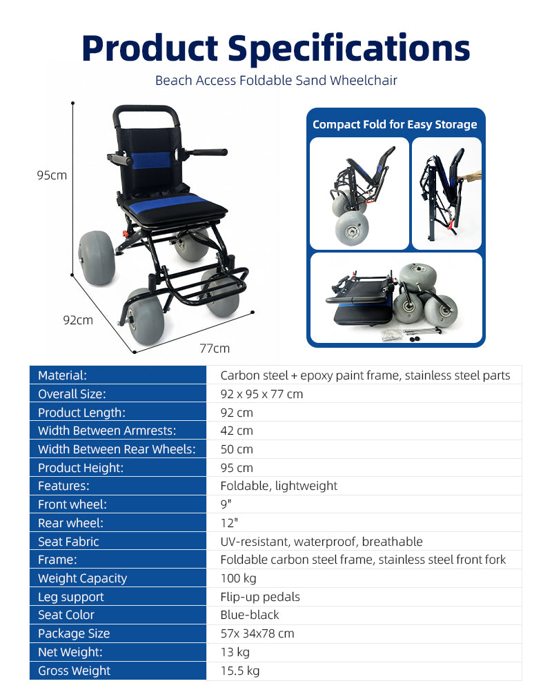 SandMate™ Foldable Beach Wheelchair with Balloon Sand Wheels
