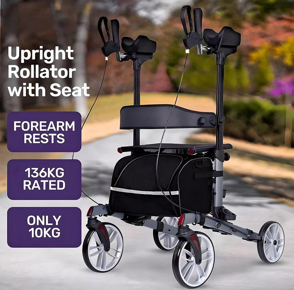 StrideAssist Upright Rollator - Folding Adjustable Walking Frame With Carry Bag And Standing Armrest