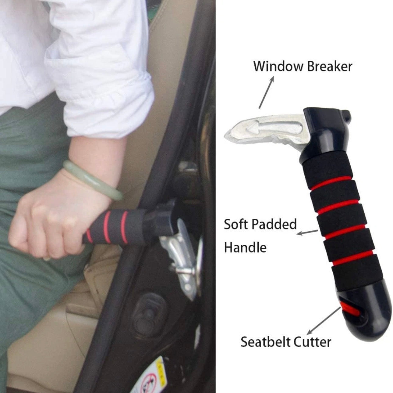 3-in-1 Car Door Assist Handle & Mobility Aid | Window Breaker + Seatbelt Cutter