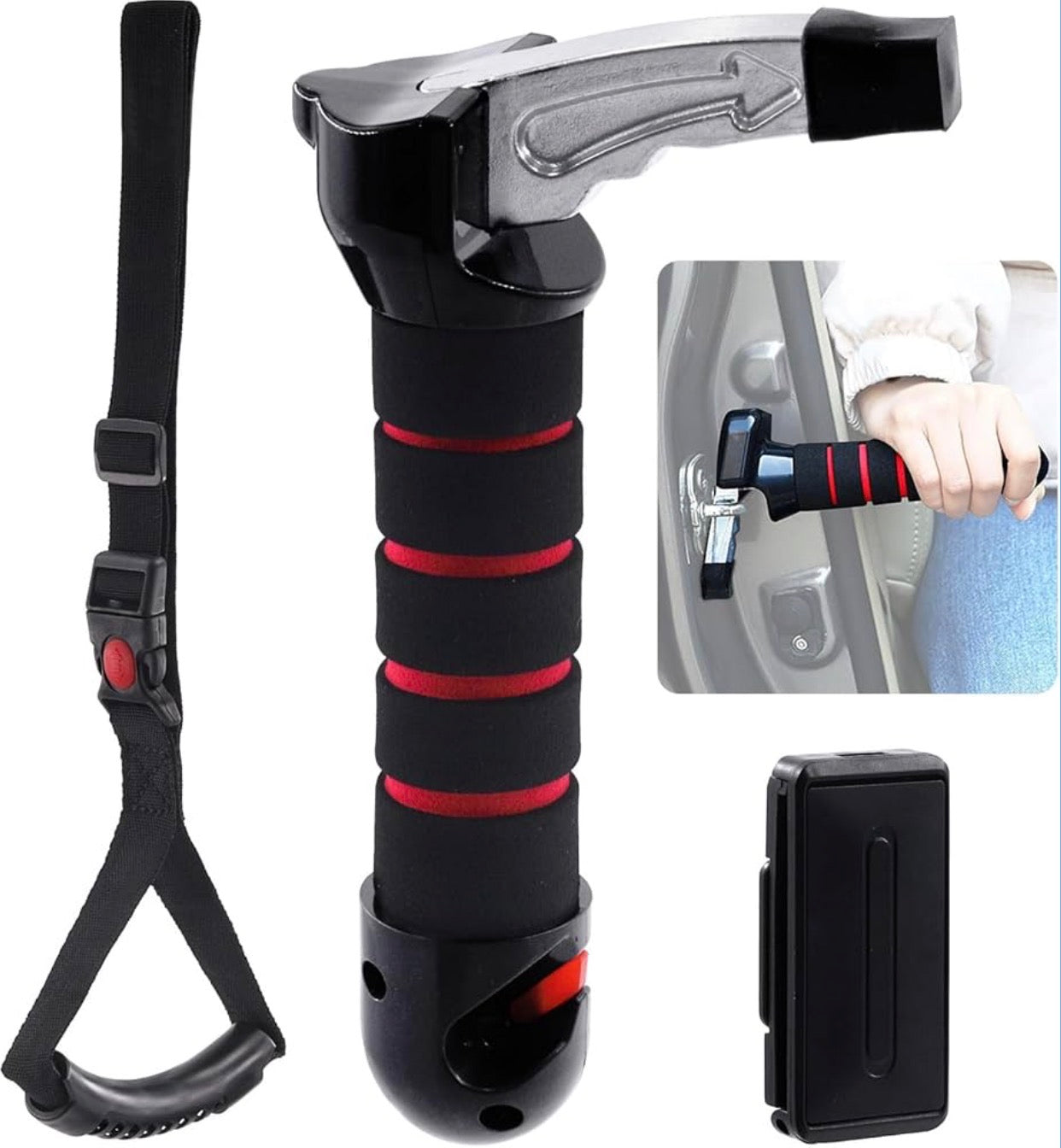 3-in-1 Car Door Assist Handle & Mobility Aid | Window Breaker + Seatbelt Cutter