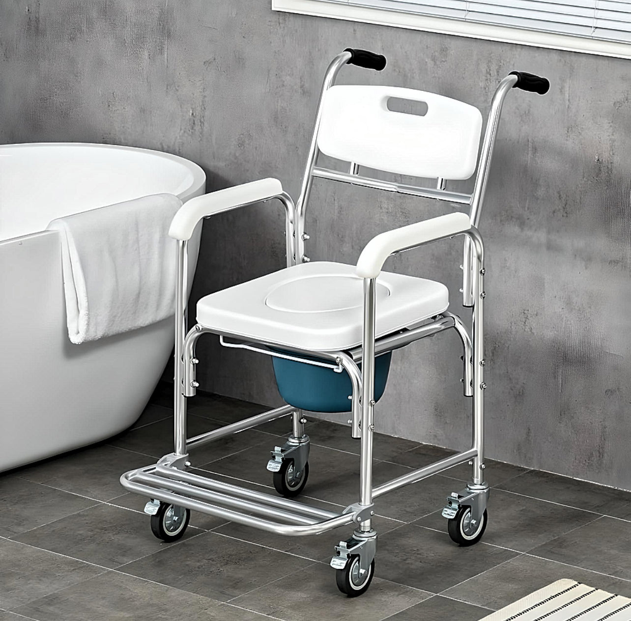 Mobile Shower Toilet Commode Chair Bathroom Bedside Footrest Wheelchair