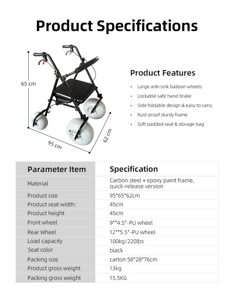 BeachGlide™ All-Terrain Beach Walker Rollator with Pneumatic Tyres