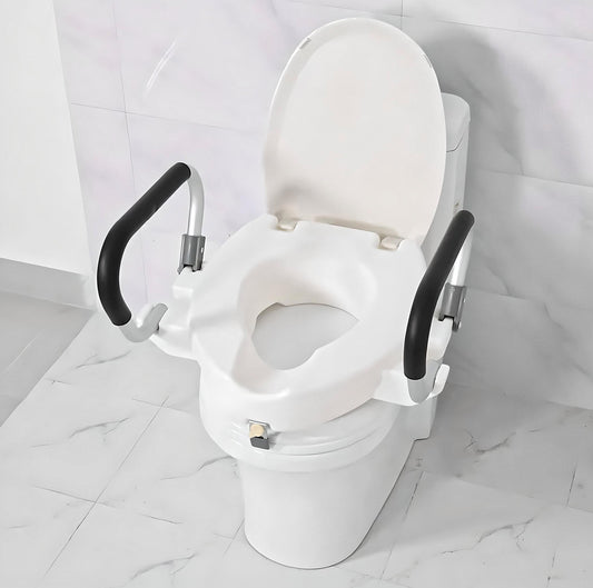 Elevated Raised Toilet Seat with Fold-Back Armrests