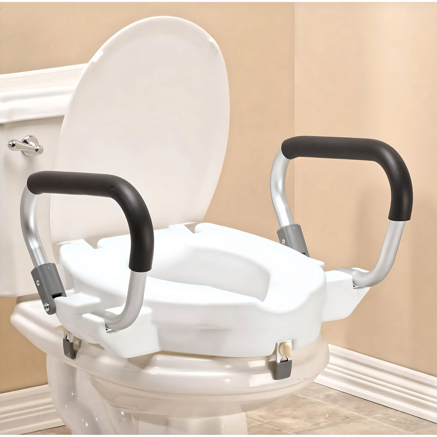 Elevated Raised Toilet Seat with Fold-Back Armrests