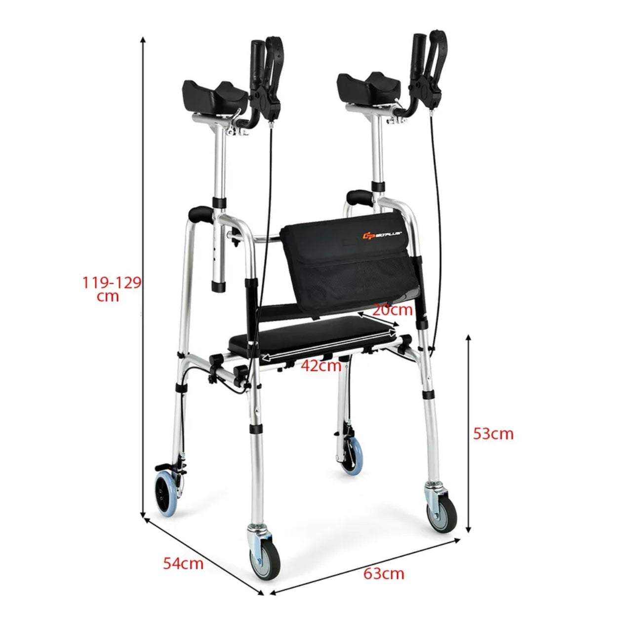 Folding Adjustable Rollator Walking Frame With Flip-up Seat And Standing Armrest