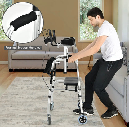 Folding Adjustable Rollator Walking Frame With Flip-up Seat And Standing Armrest