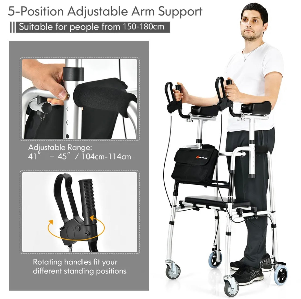 Folding Adjustable Rollator Walking Frame With Flip-up Seat And Standing Armrest