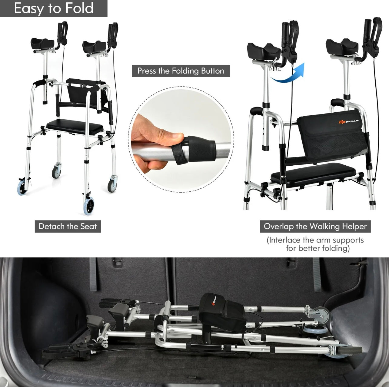 Folding Adjustable Rollator Walking Frame With Flip-up Seat And Standing Armrest