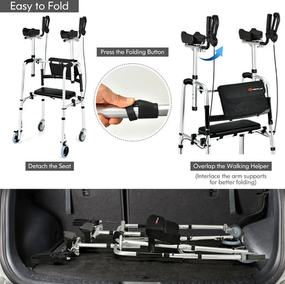 Folding Adjustable Rollator Walking Frame With Flip-up Seat And Standing Armrest