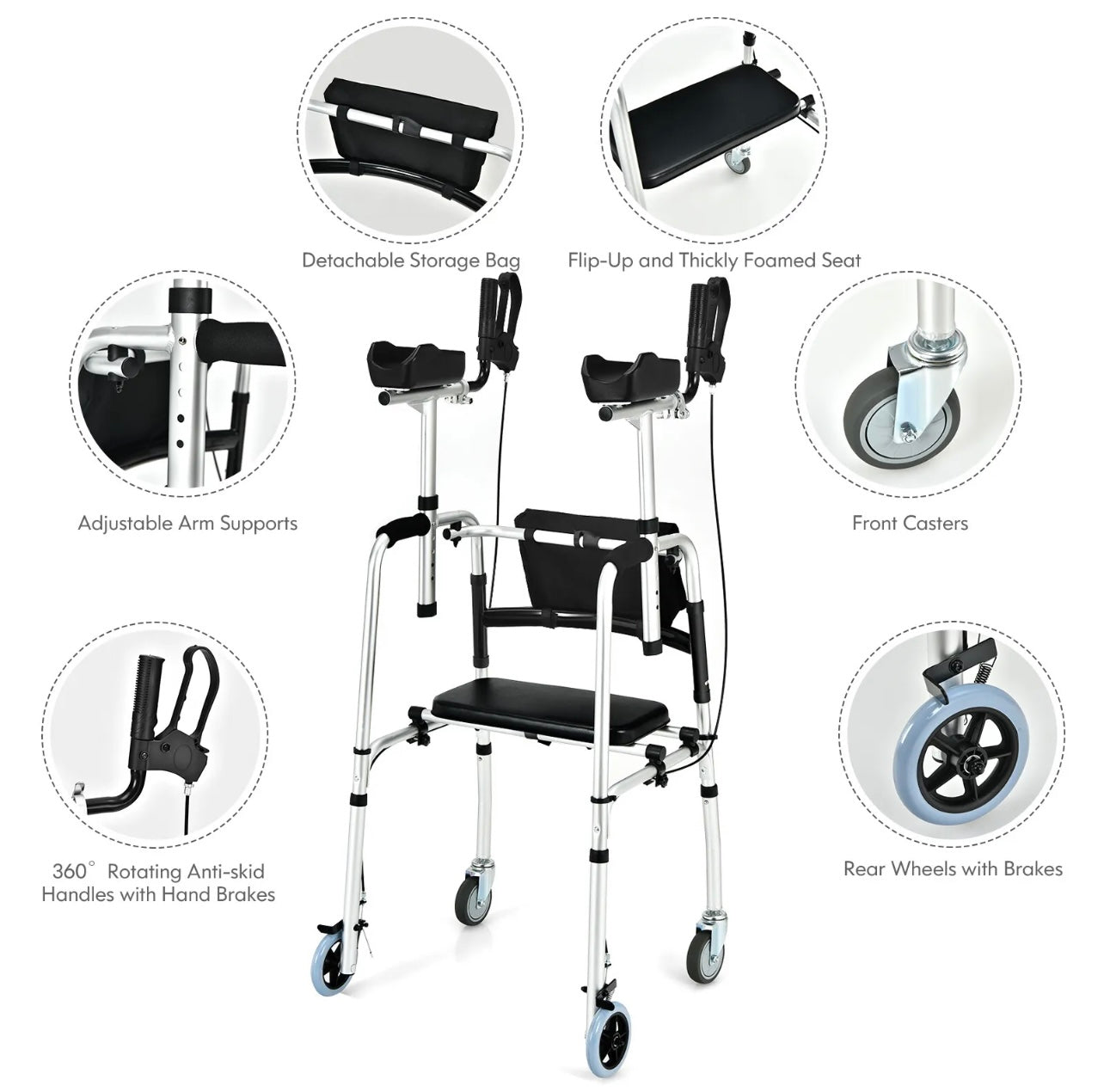 Folding Adjustable Rollator Walking Frame With Flip-up Seat And Standing Armrest