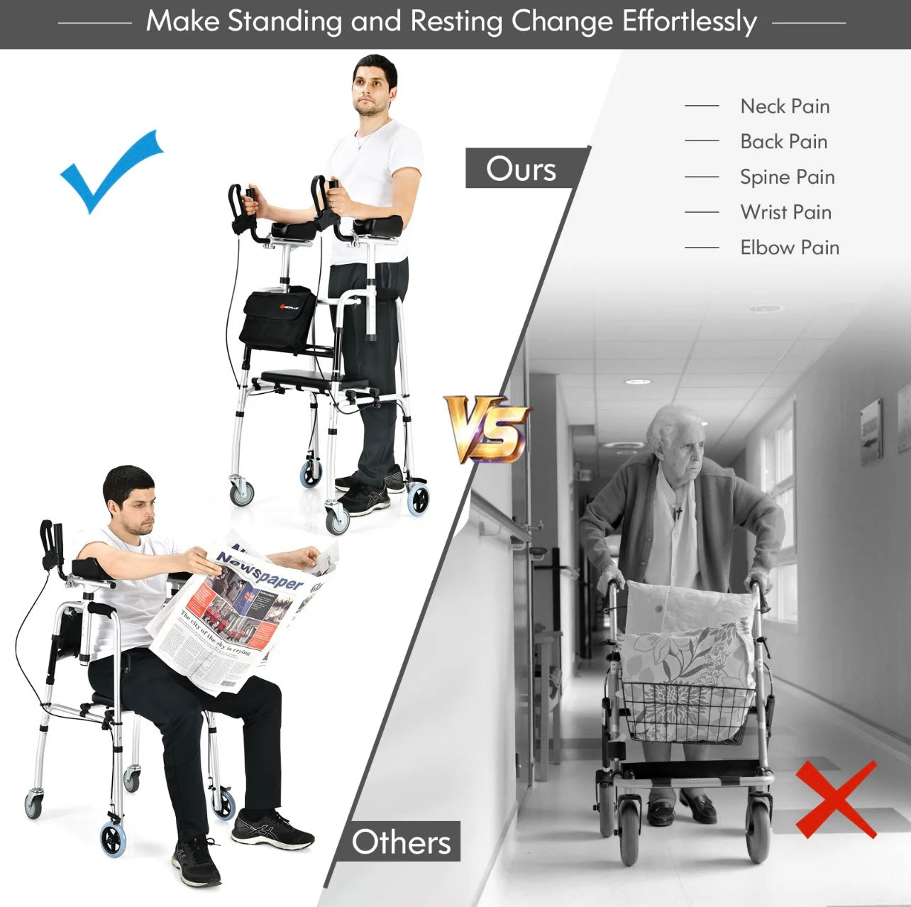 Folding Adjustable Rollator Walking Frame With Flip-up Seat And Standing Armrest