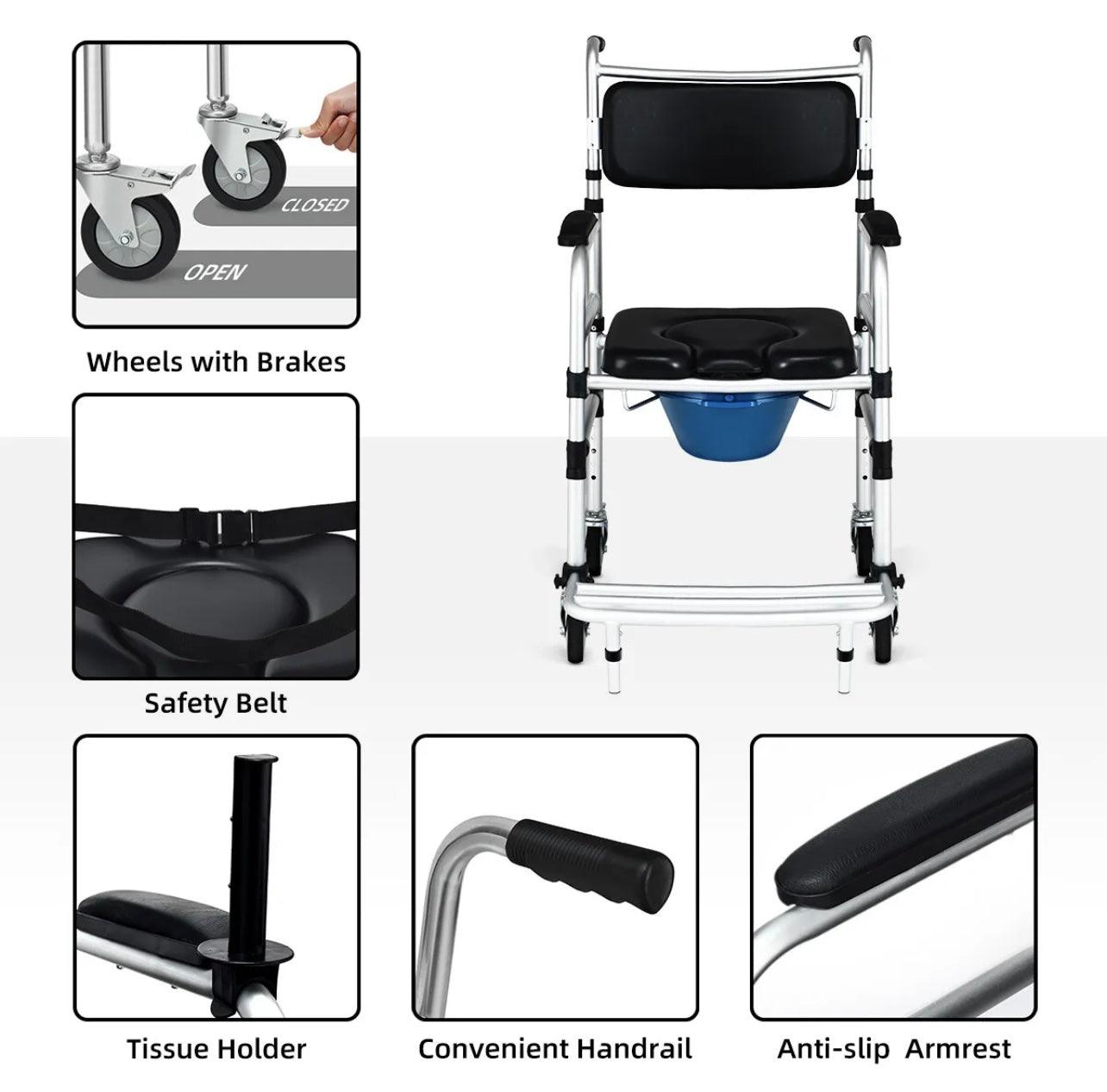 Adjustable Mobile Shower Toilet Commode Chair Bathroom Bedside Footrest Wheelchair - Pain Free Me