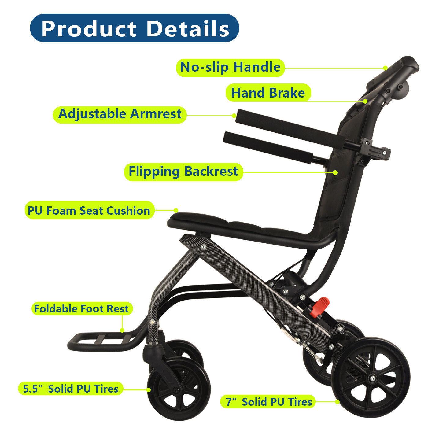 Lightweight Foldable Aluminium Portable Wheelchair Black with Handbrakes - Pain Free Me